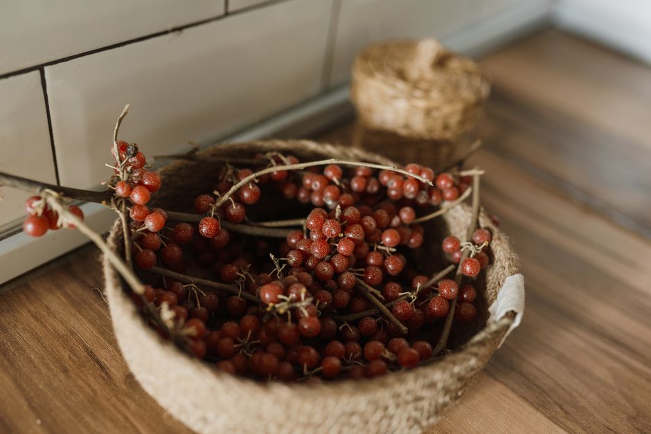 Freshly picked Xianju bayberries in a bamboo basket