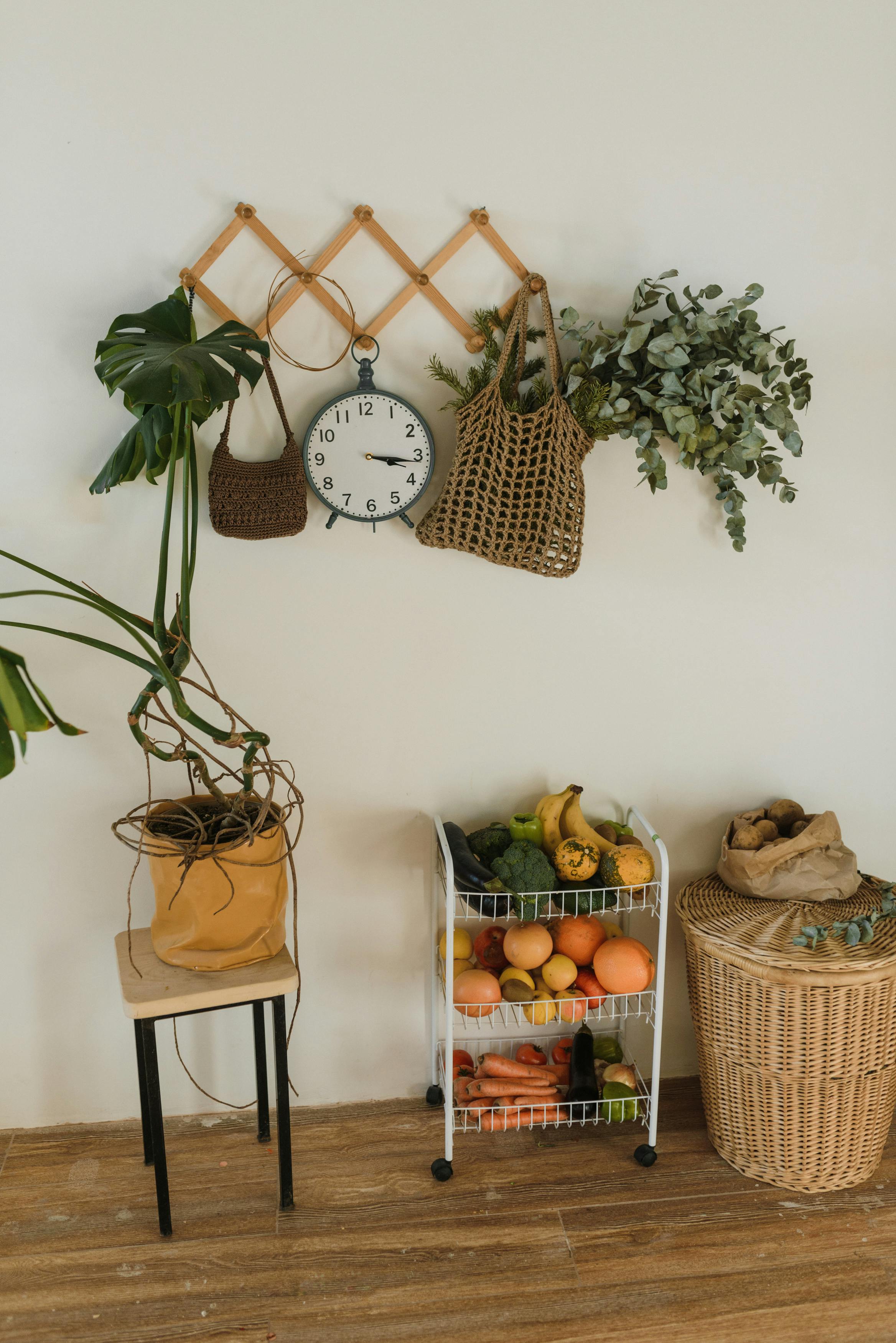 Free A cozy kitchen nook featuring a wicker basket, hanging bags, lush plants, and fresh fruits on a rack. Stock Photo