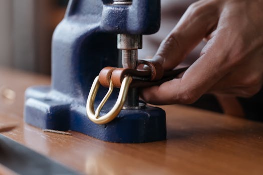 Close-up of handmade leather belt creation using a hand press machine.