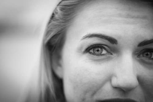 Grayscale Photo of Woman's Face in Close-up Photography