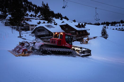 A powerful snow groomer preparing ski slopes at a winter resort during twilight.
