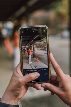 Hands holding smartphone capturing archery scene, showcasing modern technology in action.