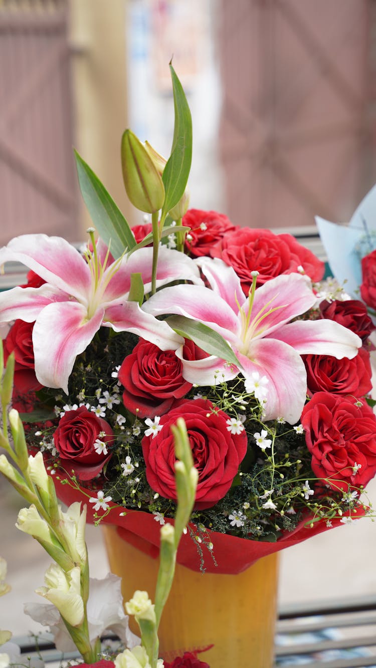 Bouquet With Pink Lilies And Red Roses