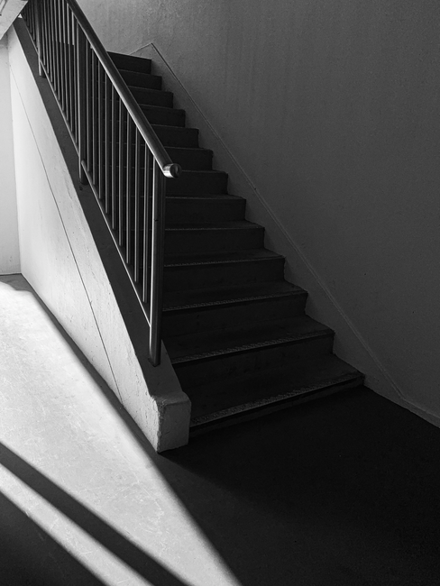 A dramatic black and white photo of a staircase highlighting shadows and architecture.
