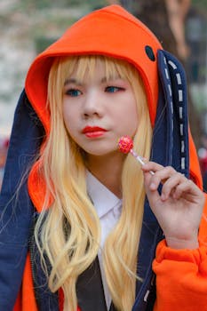 A close-up portrait of a woman in cosplay attire holding a colorful candy, capturing the imaginative spirit of the character.