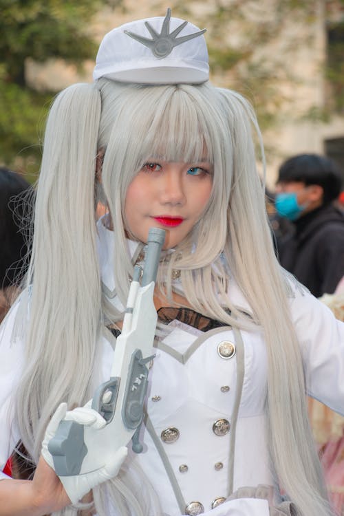 A Woman Wearing a Wig and a Costume