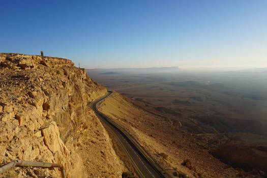 Captivating aerial view of Mitzpe Ramon, Israel, showcasing a winding mountain road at sunrise.