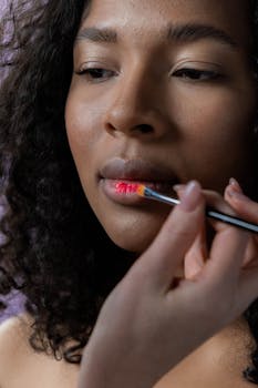 An intimate close-up of a model having lip tint applied by a professional makeup artist for a flawless finish.