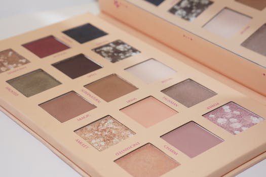 Close-up of a versatile eyeshadow palette featuring nude and colorful shades for eye makeup.