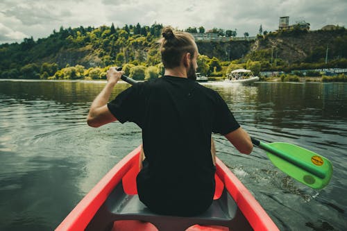 A Man Wearing a Black Shirt Paddling