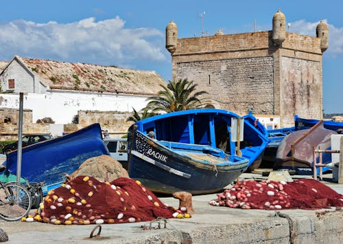 Foto stok gratis essaouira, jaring ikan, kapal nelayan