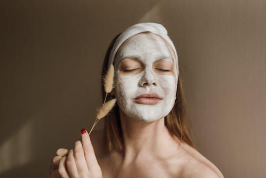 An adult woman enjoying a calming skincare session with a facial mask indoors.