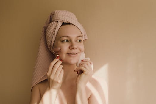 Smiling woman using a facial roller and gua sha in relaxing skincare routine.