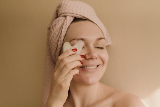A smiling woman with a towel wrapped around her head using a gua sha tool for a facial massage.