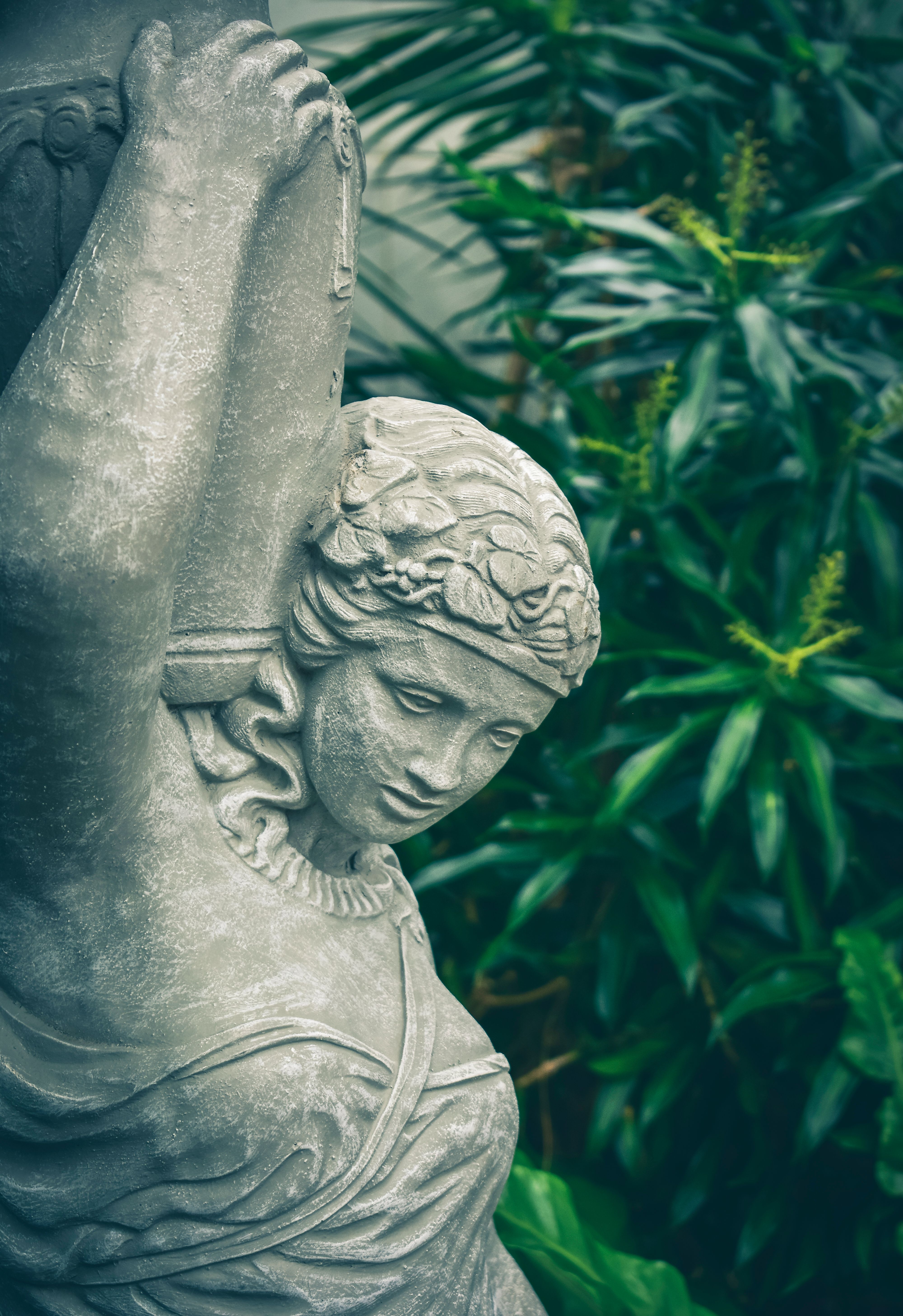 Close-up of a stone woman statue surrounded by vibrant green foliage.