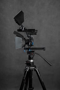 Professional digital black video camera cage mount with stabilizer rig and handle placed near wall on gray background in modern studio