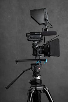 Modern black video camera cage mount with stabilizer and handle placed on tripod against gray background in studio with equipment