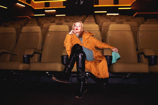 Elegant woman in a cozy theater setting, showcasing fashion with a confident pose.