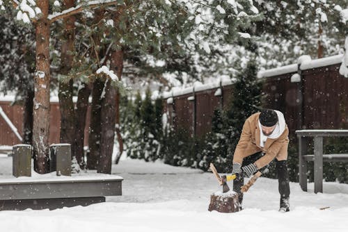 A Man in Brown Coat Chopping Woods Using an Axe