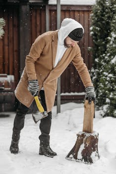 Bearded man in winter attire chopping wood outdoors in a snowy setting.