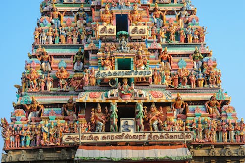 Hindu Gods Statues on Temple Wall in Chennai