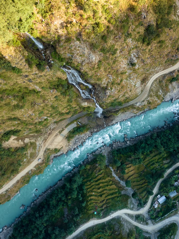 Aerial Footage Of Flowing Waterway 