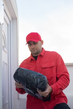 A delivery man in a red uniform holds a package at a residential door, showcasing a typical delivery scene.