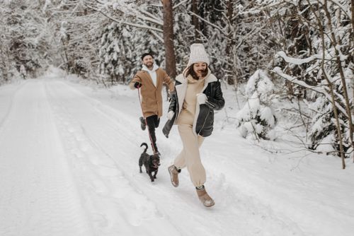 Free Joyful couple running with dog on a snowy forest path in winter. Stock Photo