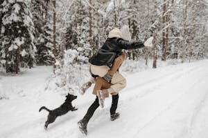 Two People Running on Snow with a Dog