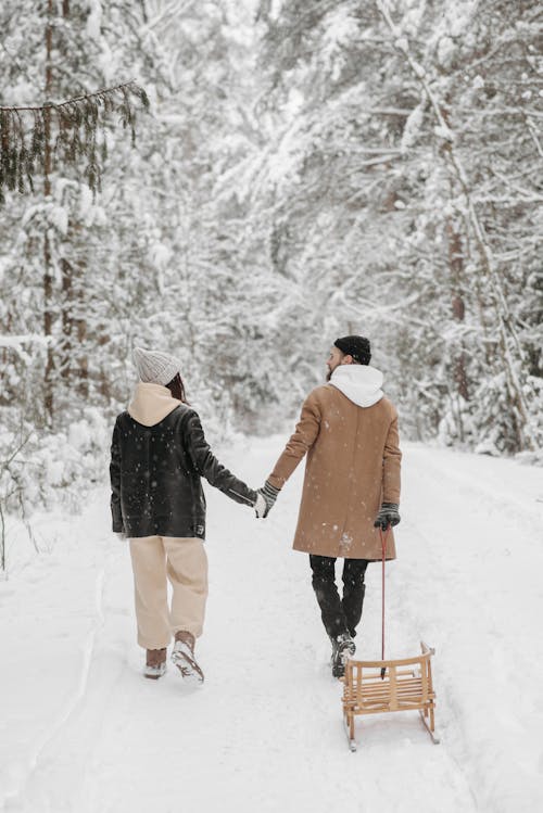 Free Back View of a Couple Walking on the Snow Stock Photo