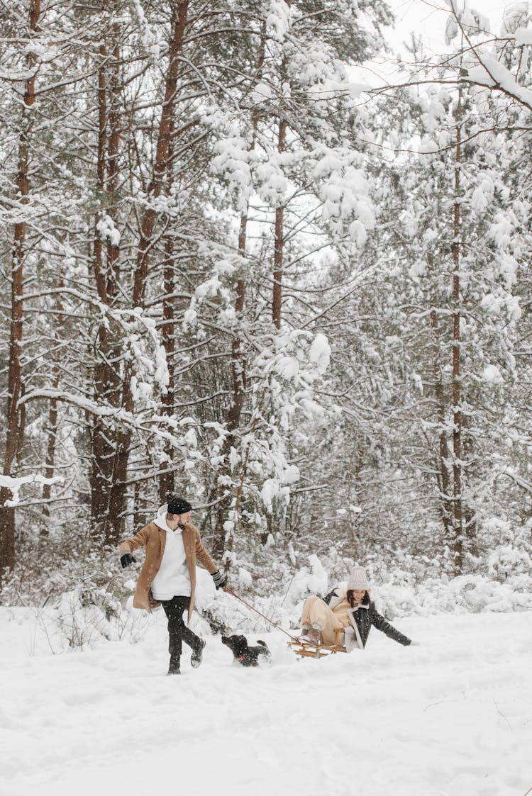 
A Man Pulling A Woman On A Sleigh