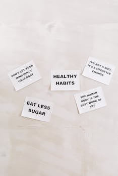 White cards with motivational health quotes promoting lifestyle changes and healthy habits.