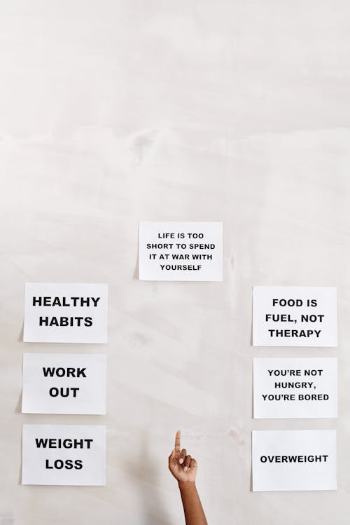 Free Finger Pointing on Healthy Living Slogans on Wall Stock Photo