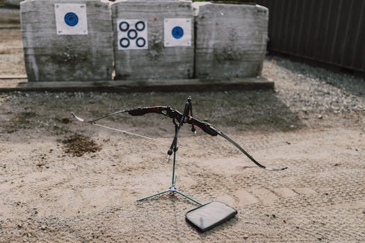 Traditional archery setup with bow and targets at an outdoor range, perfect for practice.
