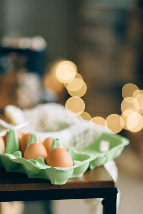 Free Fresh brown eggs in green carton with soft bokeh lights, creating a warm atmosphere. Stock Photo