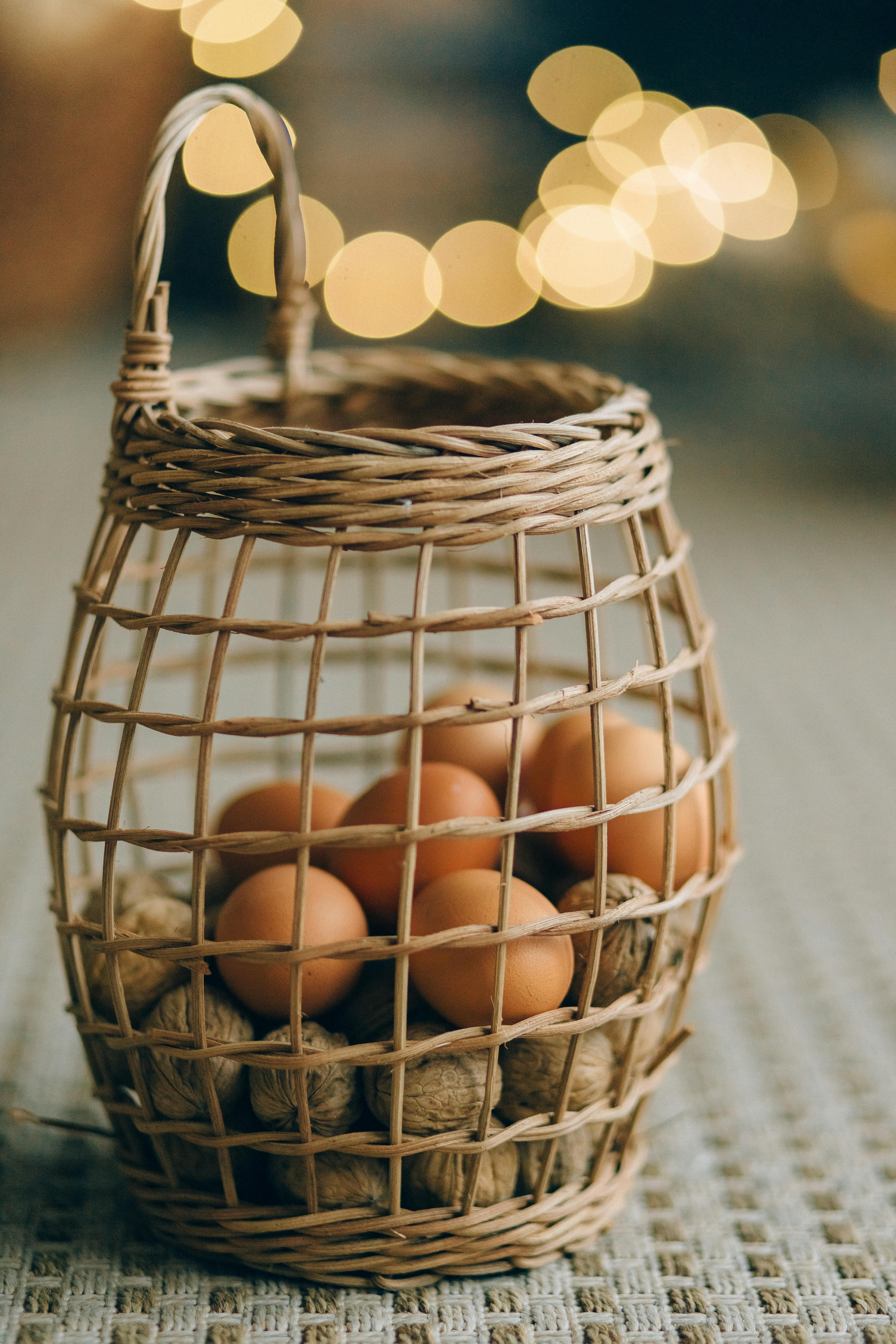 wicker basket of yarn Easter eggs