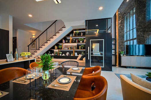 Stylish interior of an open-plan home with elegant decor and modern dining setup.