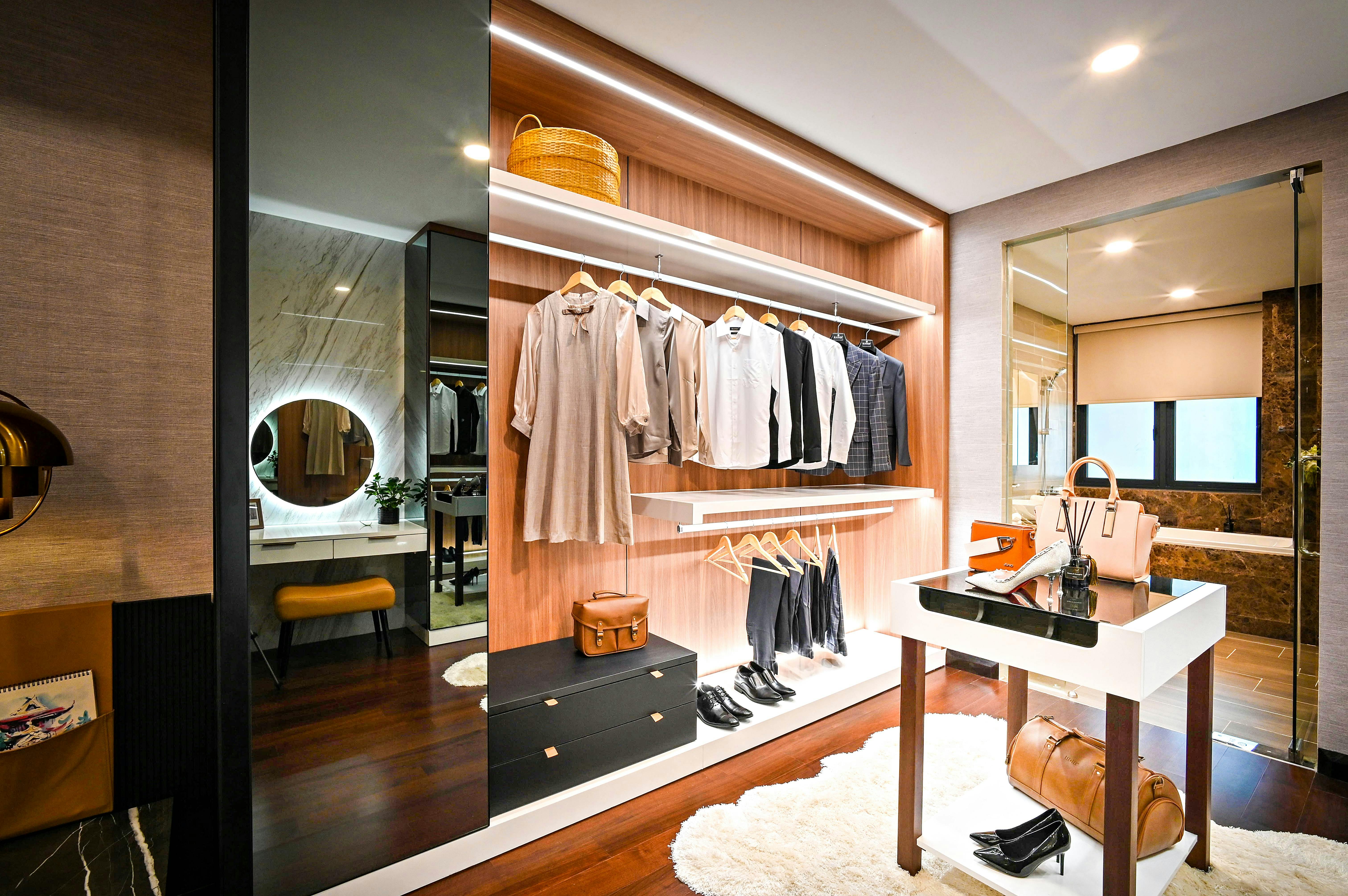 High-end clothes rack in modern Hyderabad home interior with sleek wooden finish