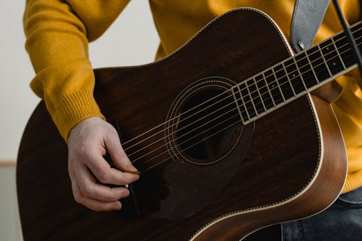 Detailed view of a hand playing an acoustic guitar. Musical expression captured.