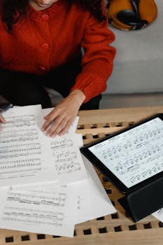 A woman in a red sweater reviews music sheets on paper and tablet in an indoor setting.