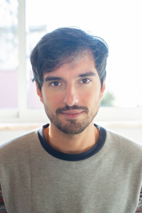 Free Close-up portrait of a bearded man wearing a gray shirt with a soft smile indoors. Stock Photo