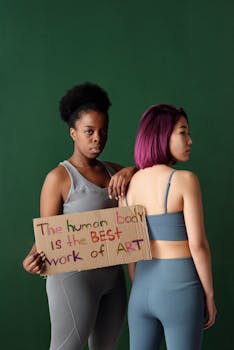 Two women in activewear holding a sign with an inspirational quote about body positivity in a studio setting.