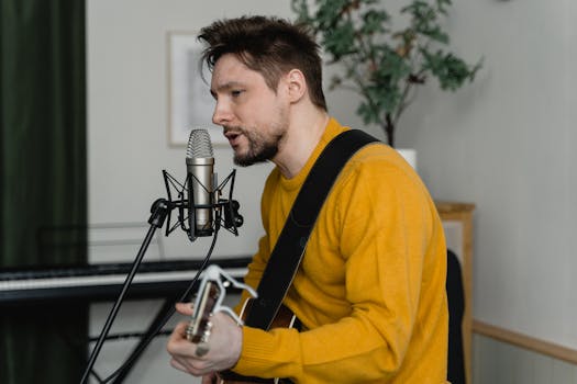 Bearded man in yellow sweater singing and playing guitar in a cozy indoor setting.