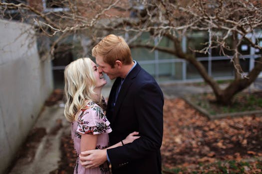 Smiling Couple Standing Near Bare Tree Outdoors Macro Shot