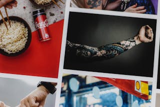 Assorted photos representing Asian food with can of refreshing drink against arm with ornamental tattoo