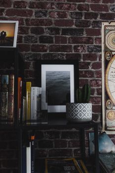 Photography of ocean on shelf between assorted textbooks and cactus against brick wall in house