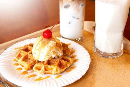 Homemade Waffle Topping with Scoop of Vanilla Ice Cream