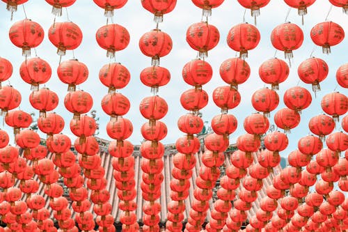 Red Chinese lanterns hanging in rows