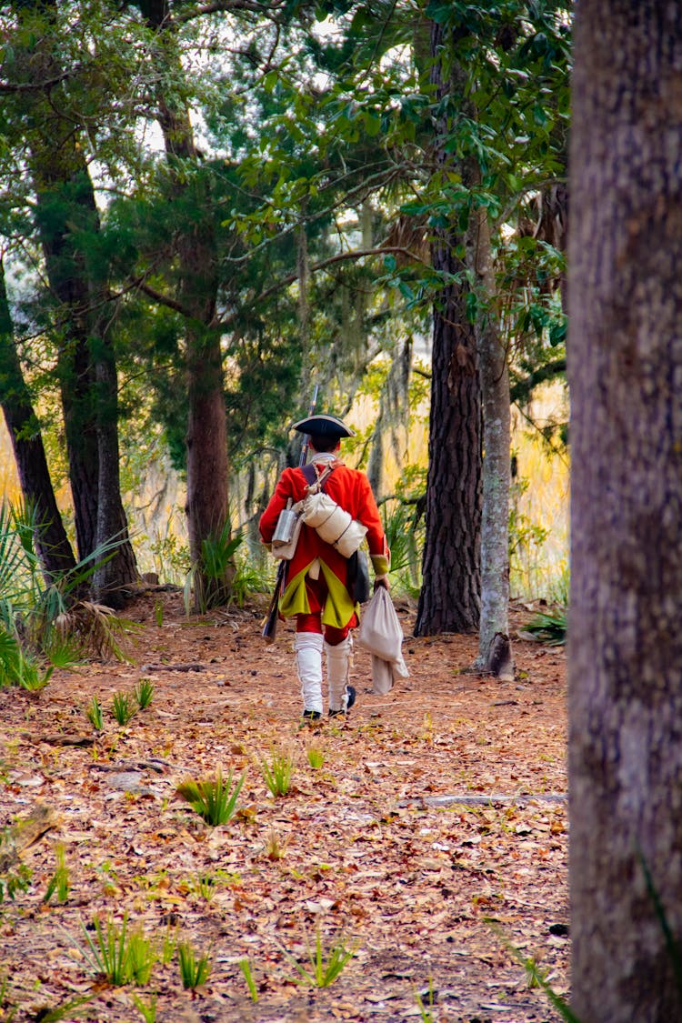 A Colonial Soldier Walking In The Forest