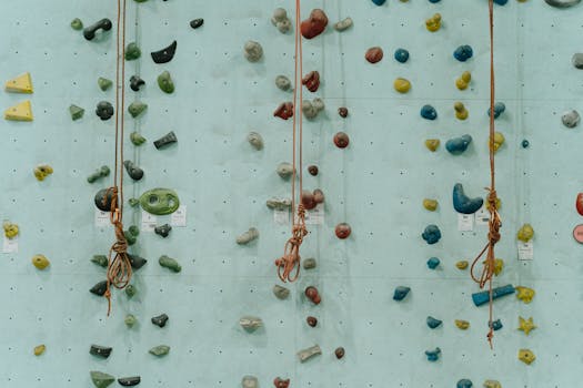 A vividly colored indoor climbing wall featuring various holds and safety ropes.